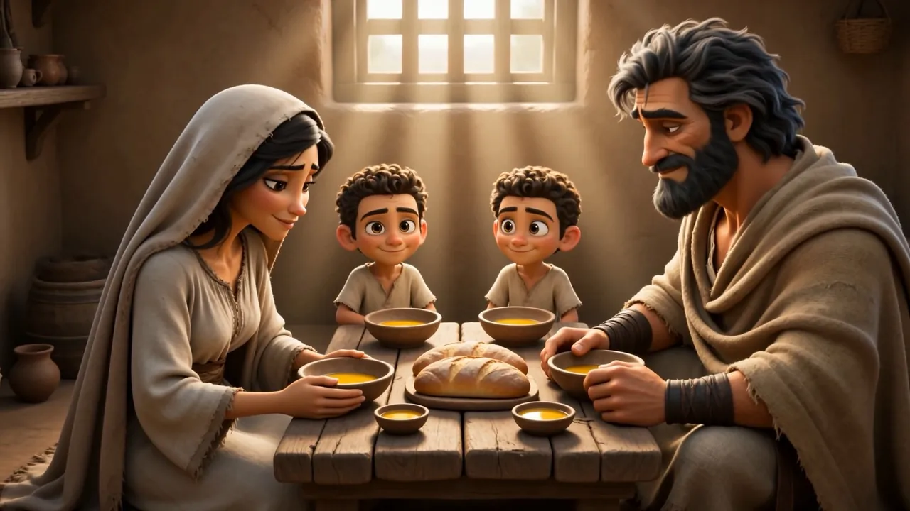 The four of them at the table with bread and cups