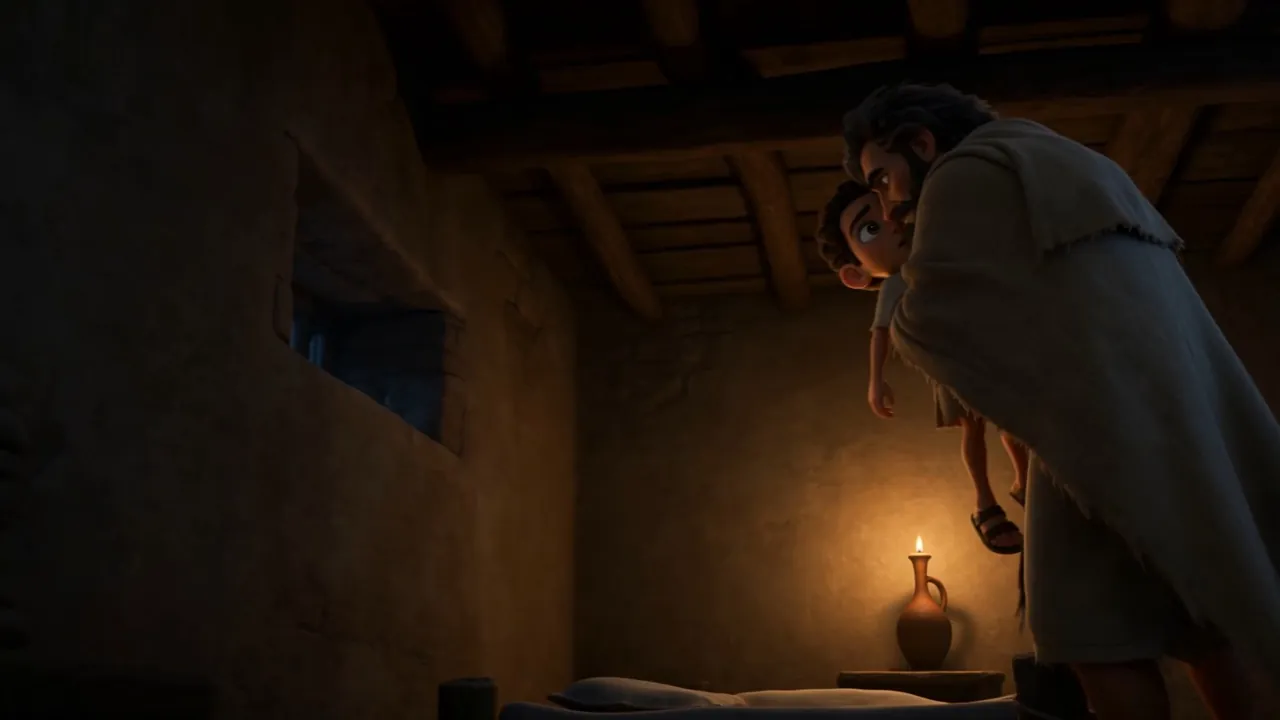 A dark upper room, one lamp, a small still figure on the bed