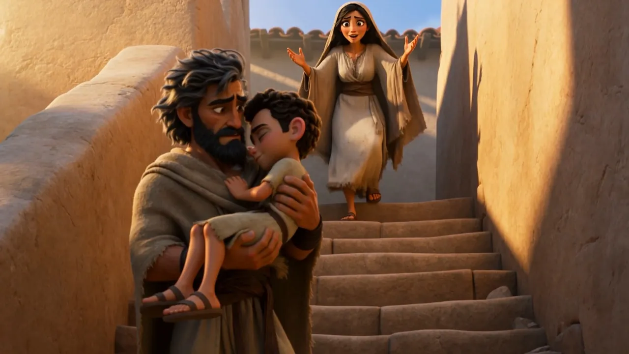 He carries the boy down the stairs — and the boy is moving