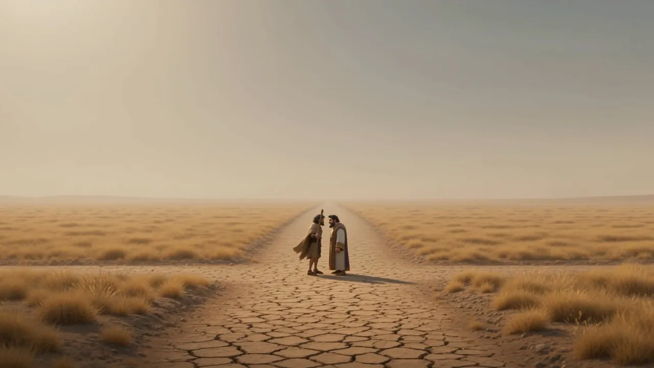 Two small figures meeting in the middle of a ruined country