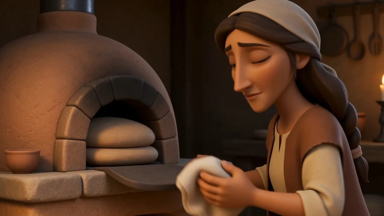 A woman leaves her oven, bread half-made