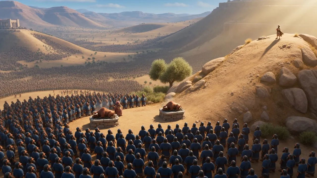 From above: the blue ranks, the crowd, and two altars on the summit