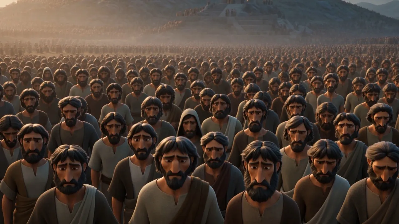 The crowd looks back at him, uncertain, saying nothing