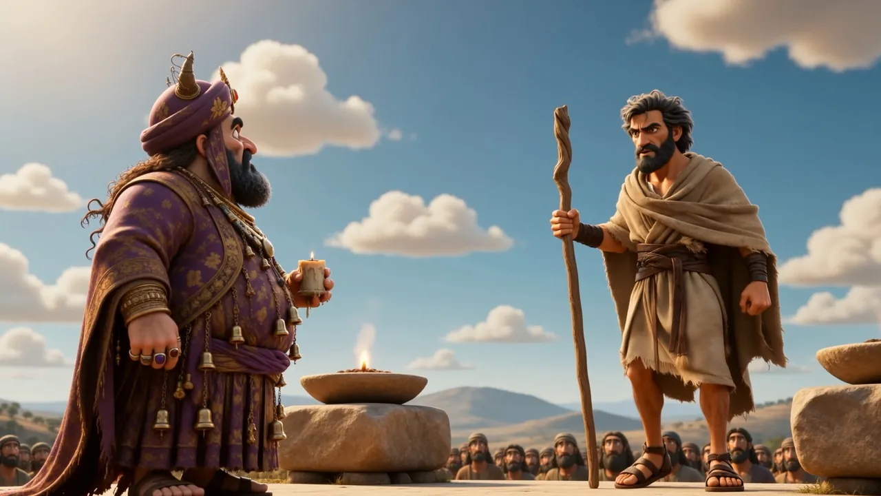 Ahab and Elijah beside the fire bowl above the assembly