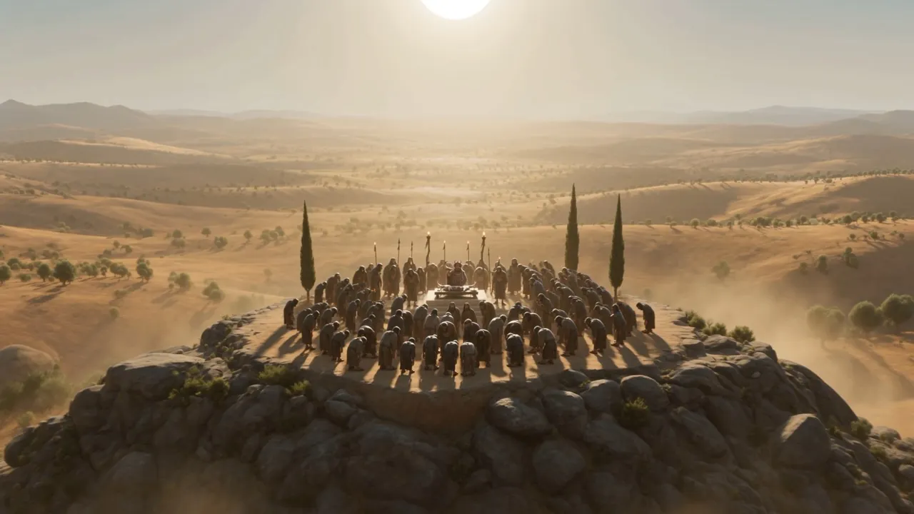 At noon they bow in ranks, exhausted