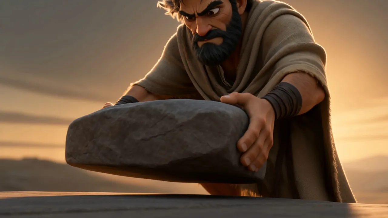 He lifts a heavy stone in both arms
