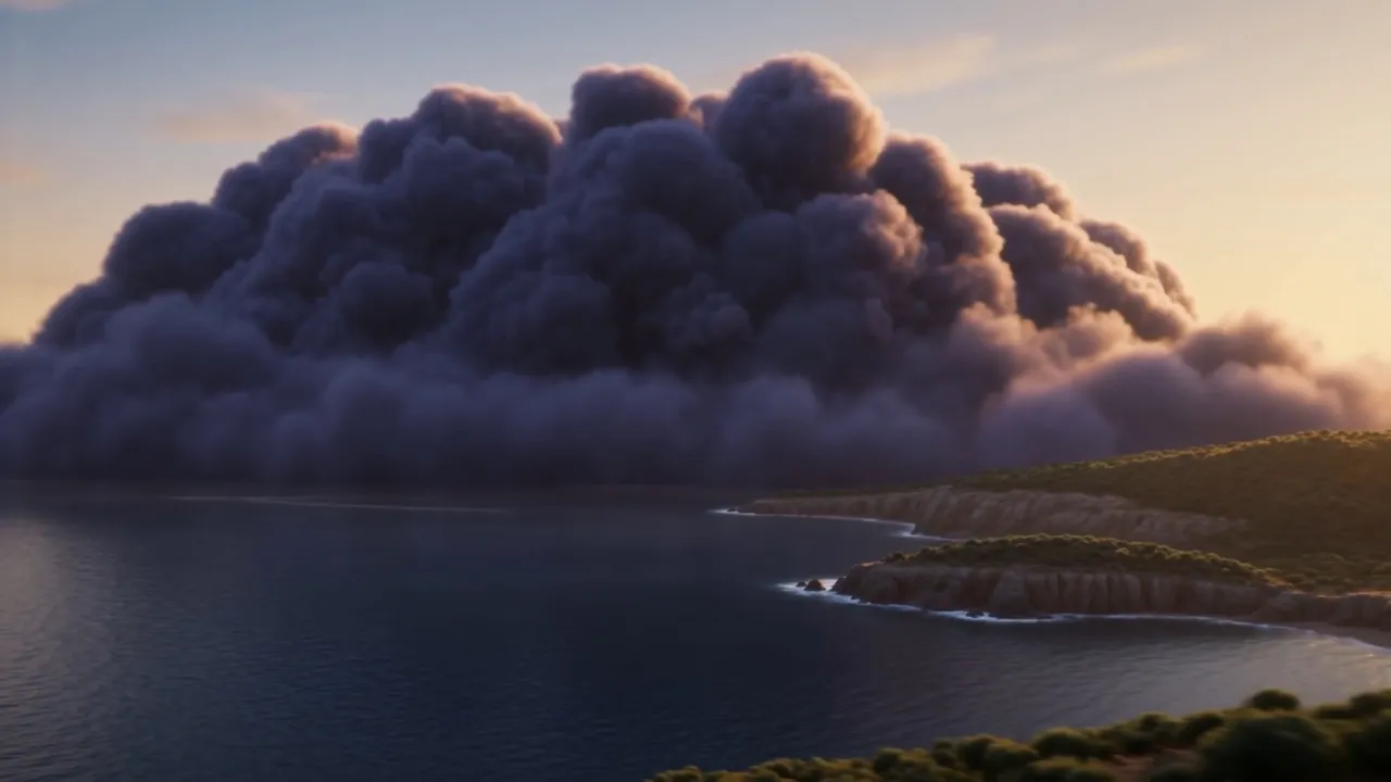 A black storm builds over the water, mountain-high