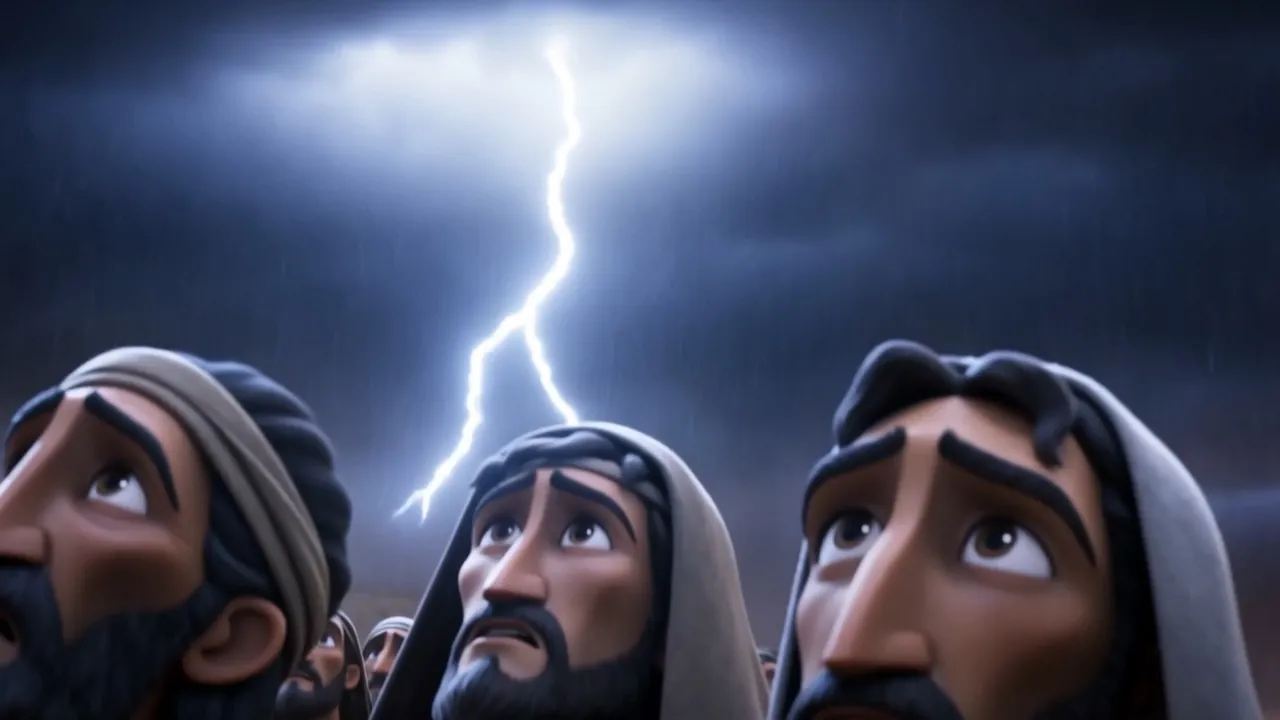 Lightning over upturned faces in the crowd