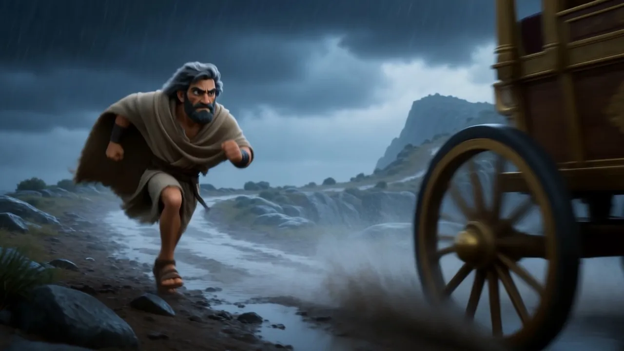 Elijah runs ahead of the horses through the downpour