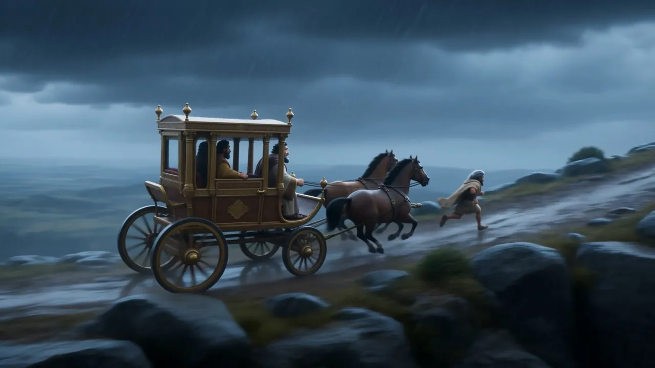 Chariot and runner on the ridge road in the rain