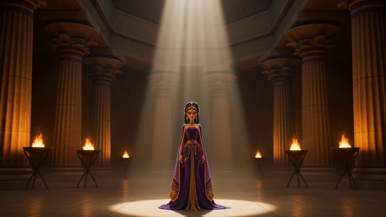 She stands alone in a shaft of torchlight, decided