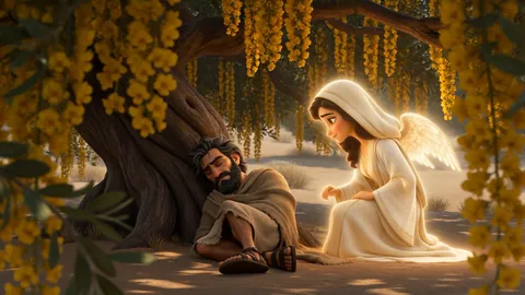 An angel kneels beside the exhausted prophet under the broom tree