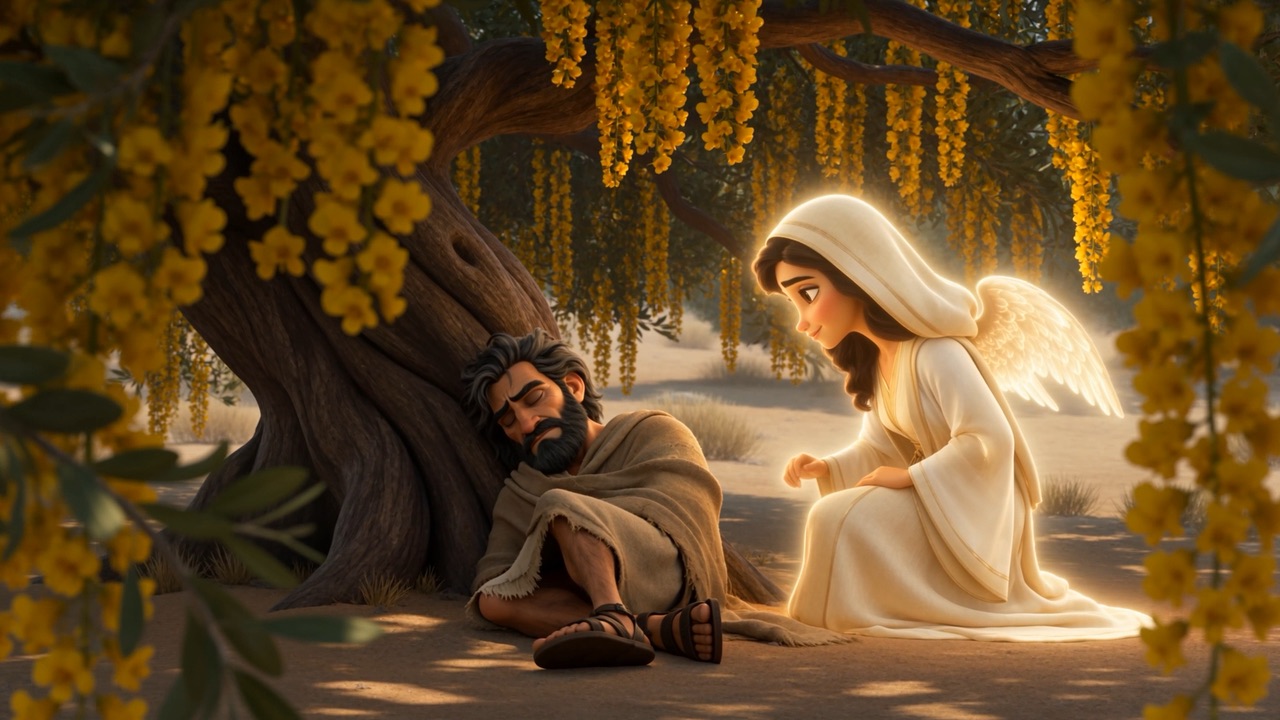 An angel kneels beside the exhausted prophet under the broom tree