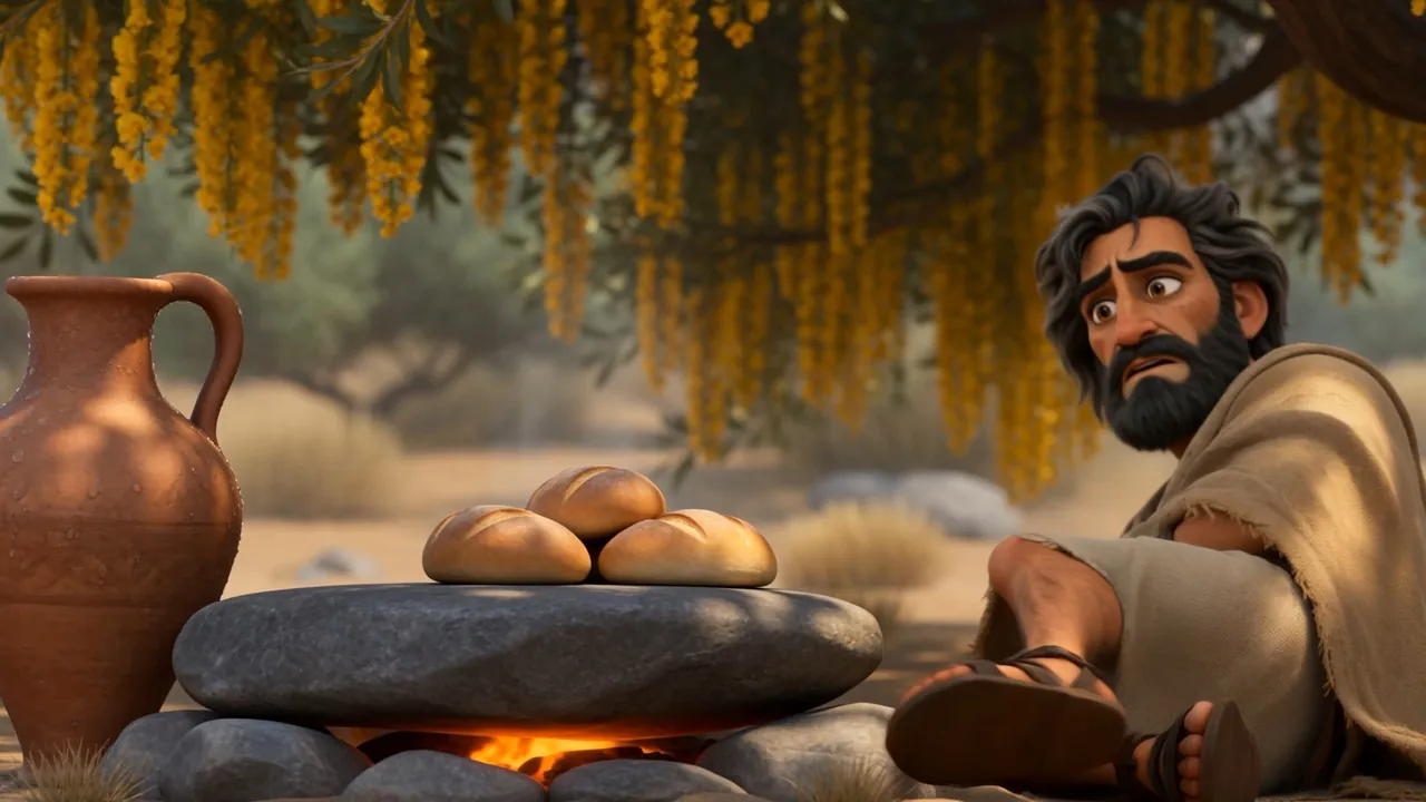 Fresh bread baking on hot stones, a jar of water beside it