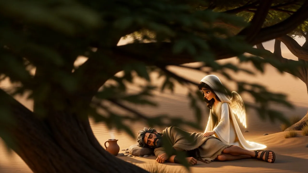 Under the branches, a figure in white kneels beside the sleeping man