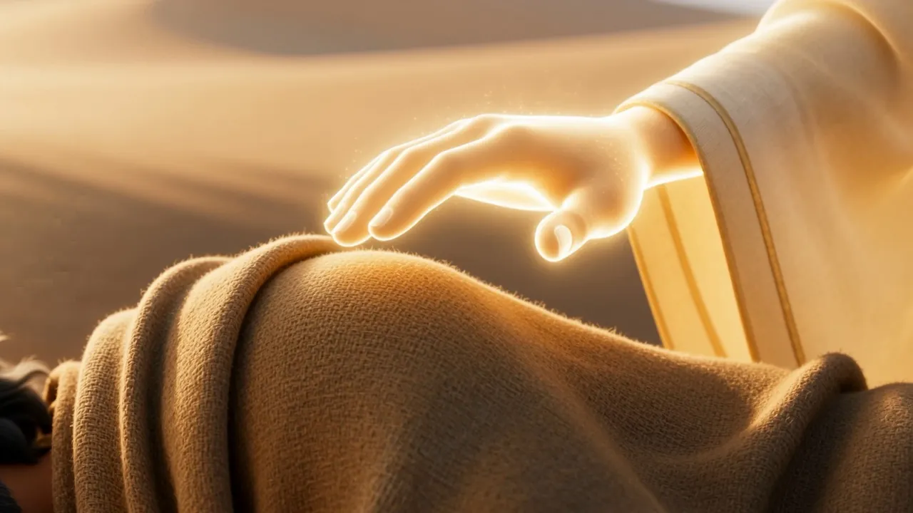 A glowing hand reaches gently toward his shoulder