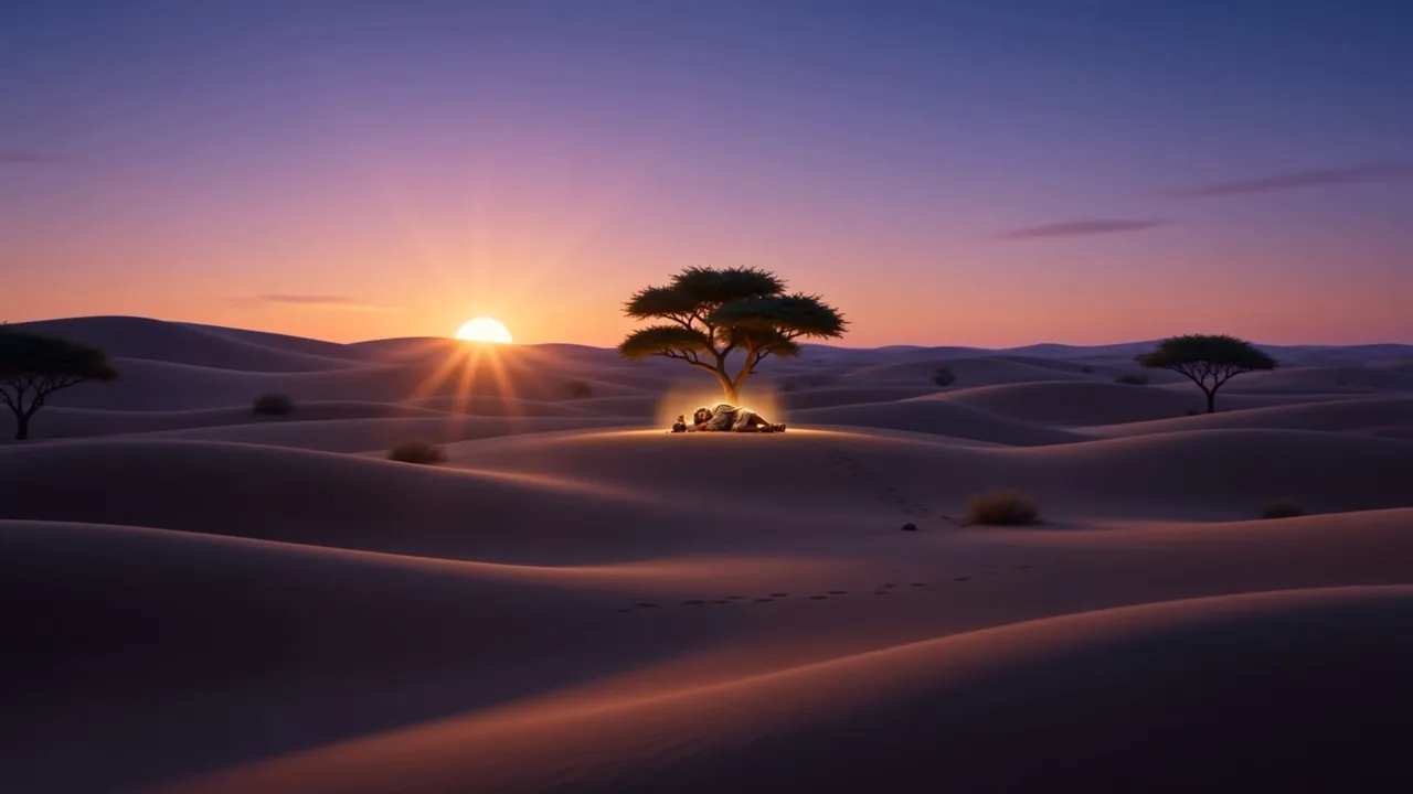 The sun sets behind the lone tree in the dunes