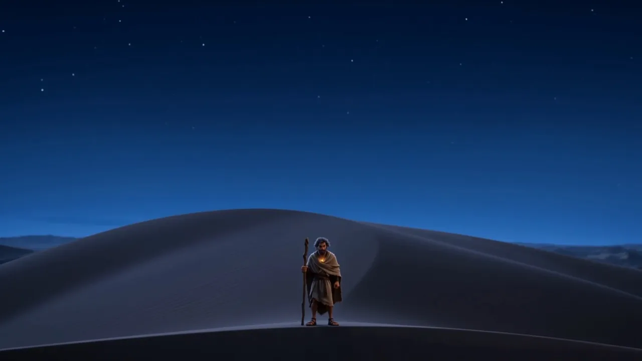 A tiny figure on a moonlit dune ridge at night