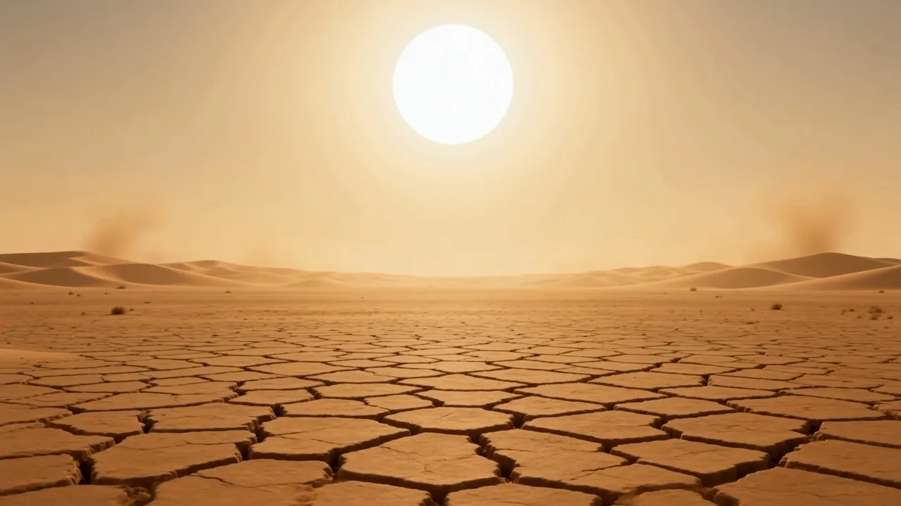 Cracked desert floor stretching to a white horizon