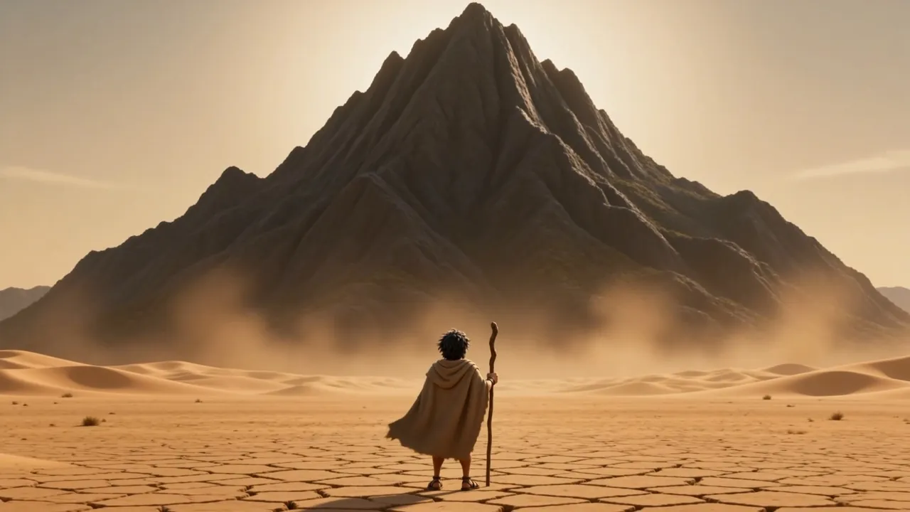 He stands small before the mountain of God
