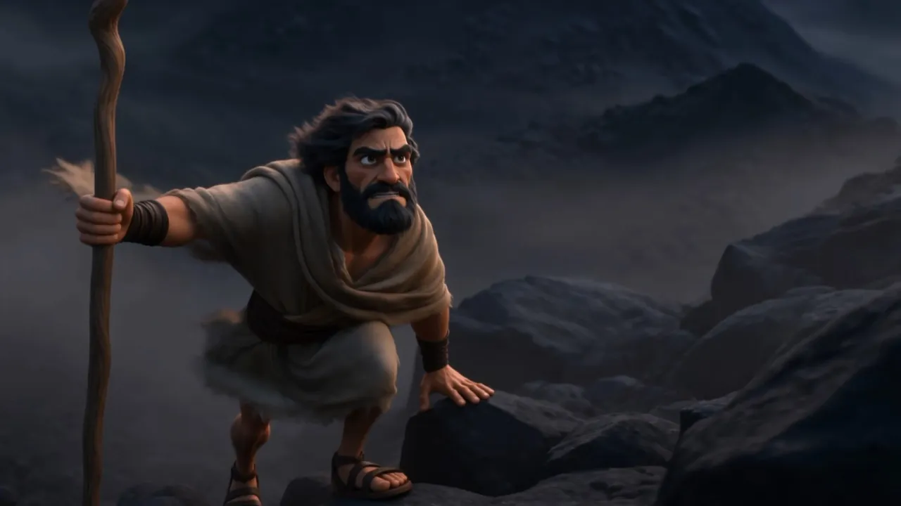 He climbs the black rock of the mountain