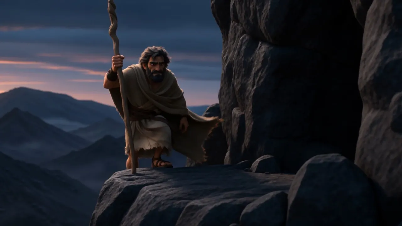 Elijah stands on a high ledge above the ranges at dusk