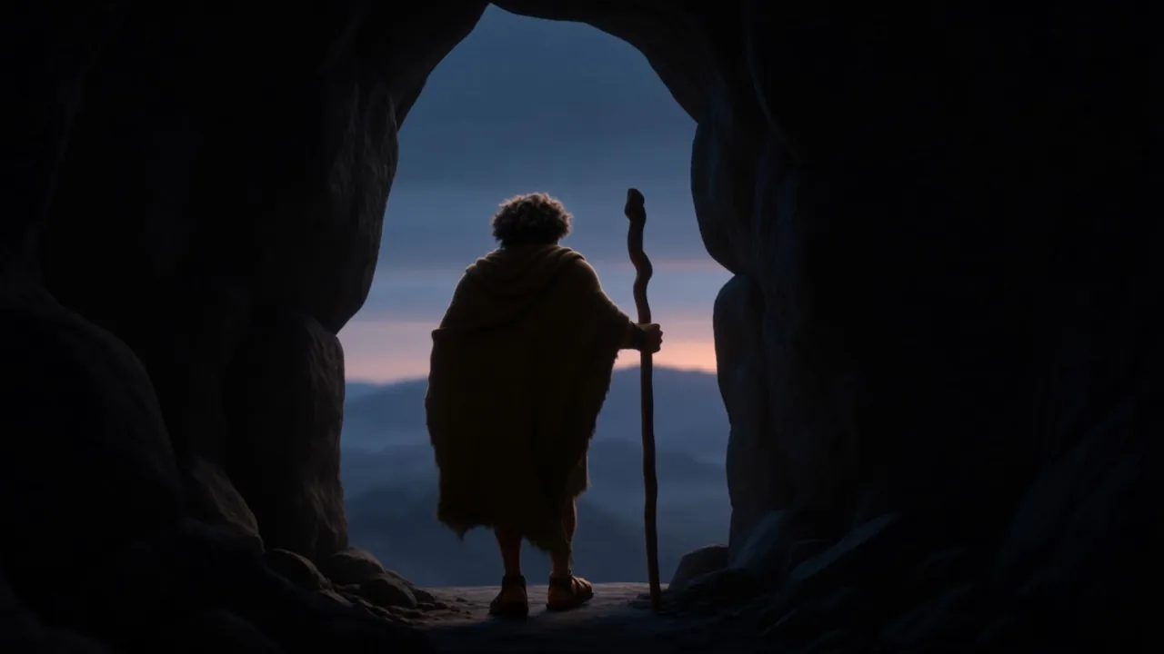 A silhouette in the mouth of a cave