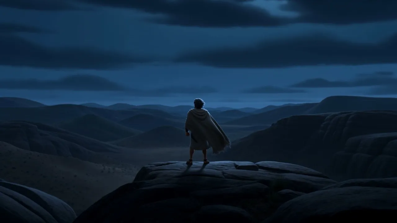 A small figure on the cliff edge, cloak snapping