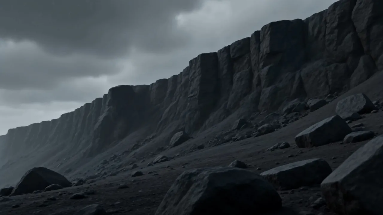 The black mountainside under a bruised sky