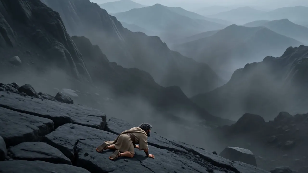 From far off: one tiny figure flat on a vast black slope