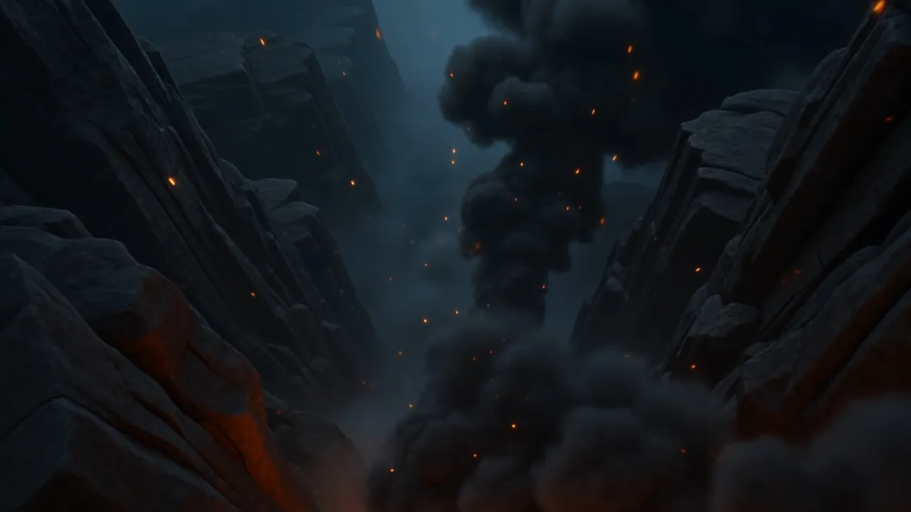 Smoke boils up the dark canyon as the fire passes
