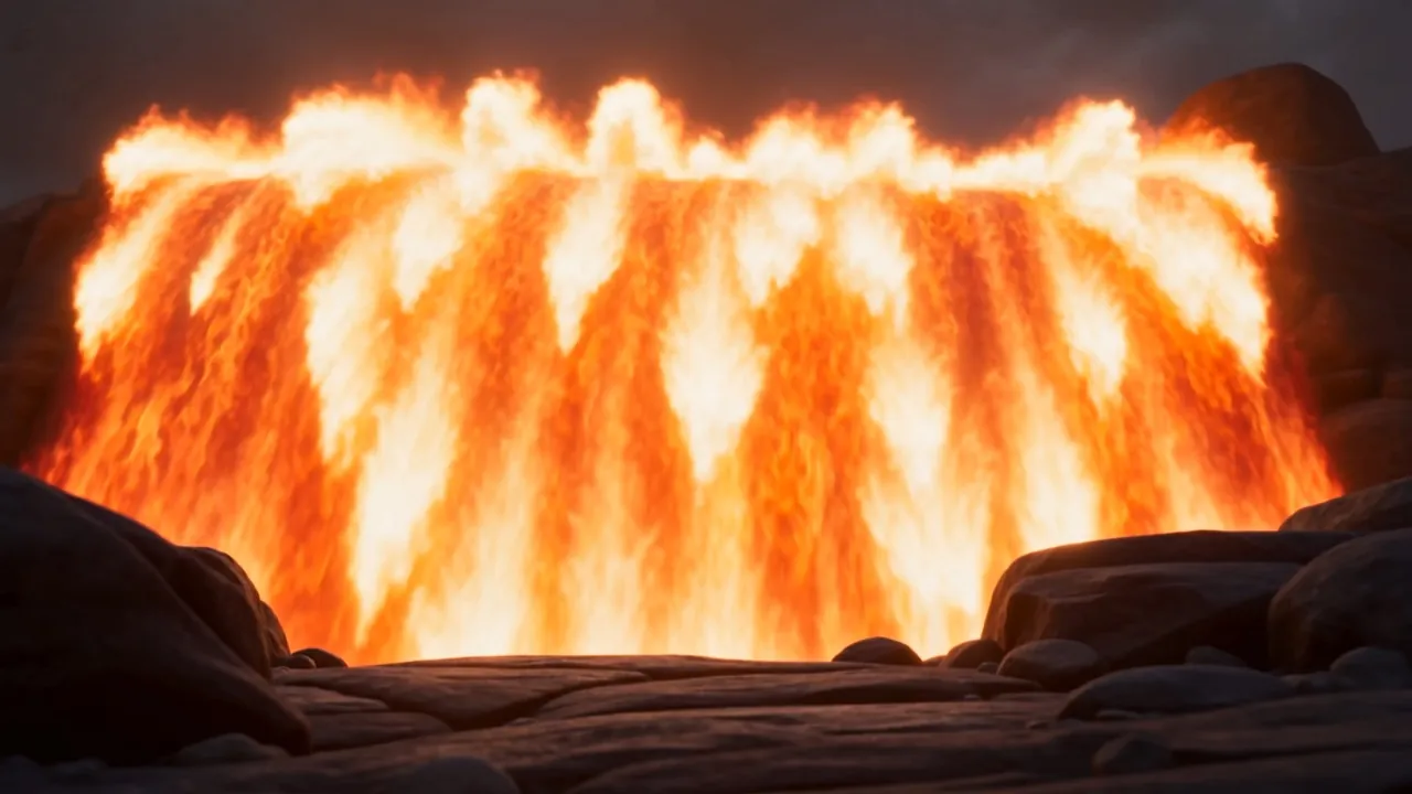 A curtain of flame rises off the rock