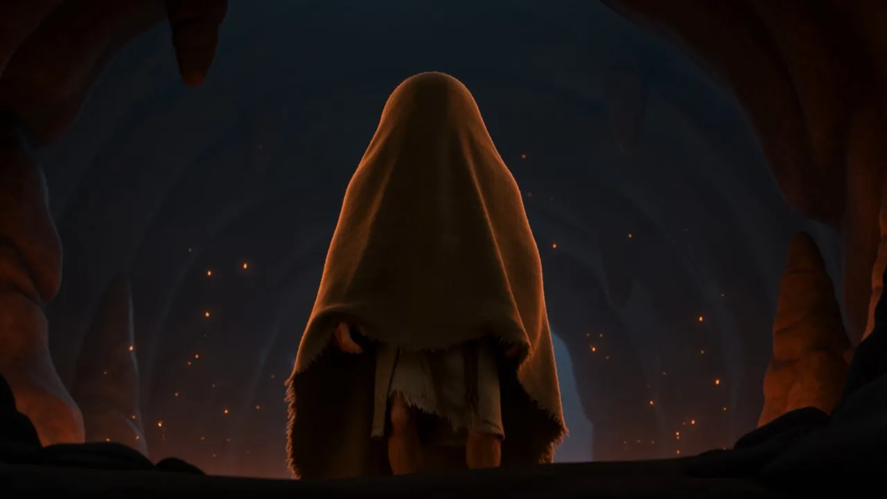 Wrapped in his mantle, he stands