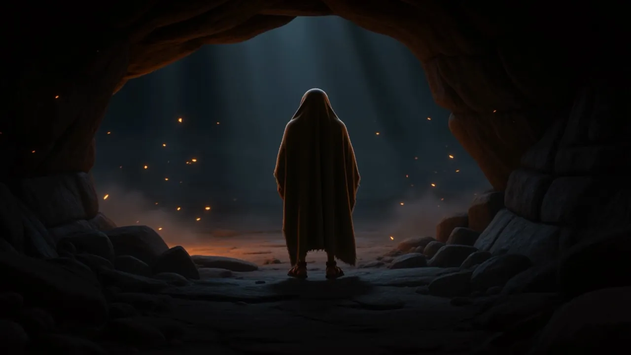 He stands in the entrance, small against the light