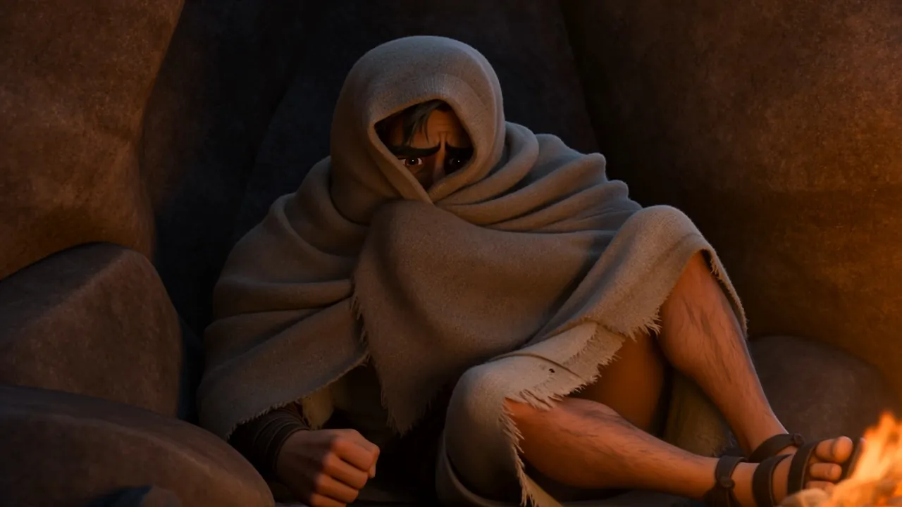 Elijah sits wrapped in his cloak by a small fire in the cave