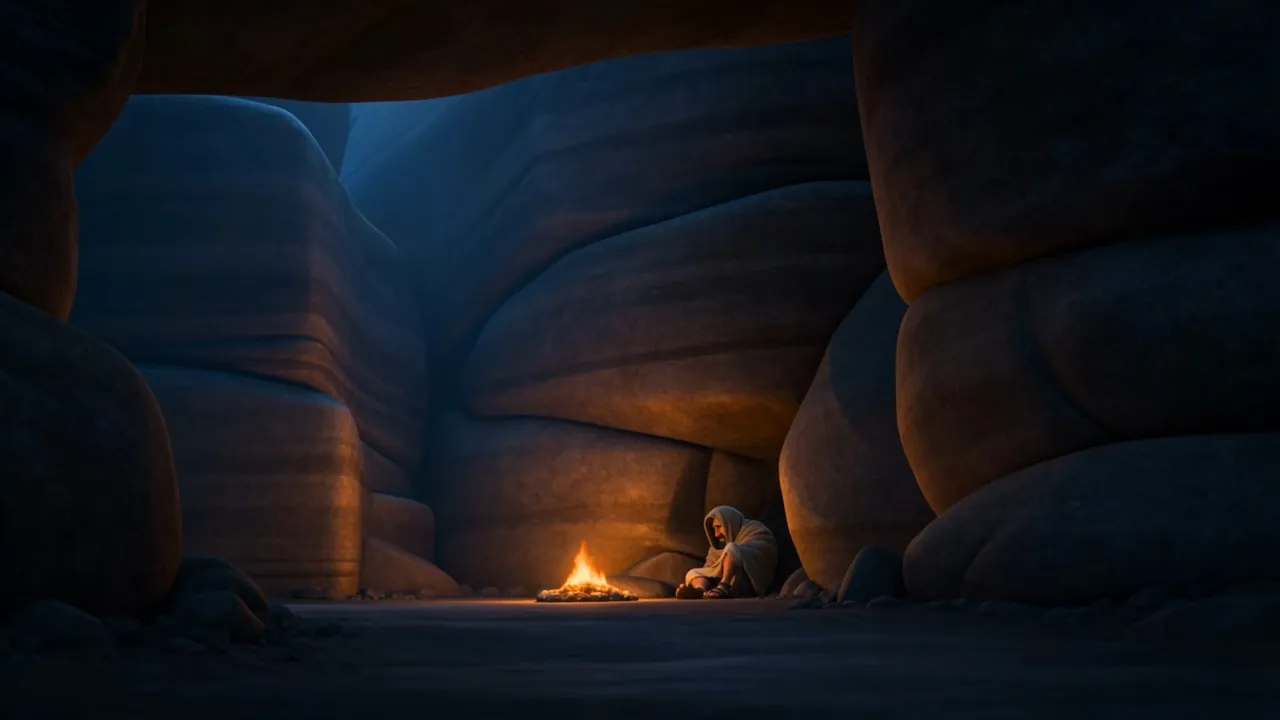 From outside: one small fire in a great dark cliff