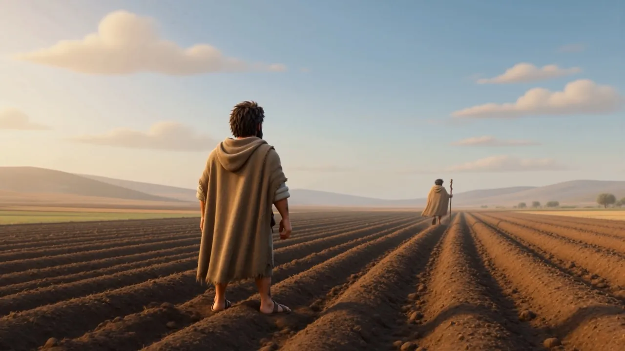 Two figures on the long furrows, one waiting for the other