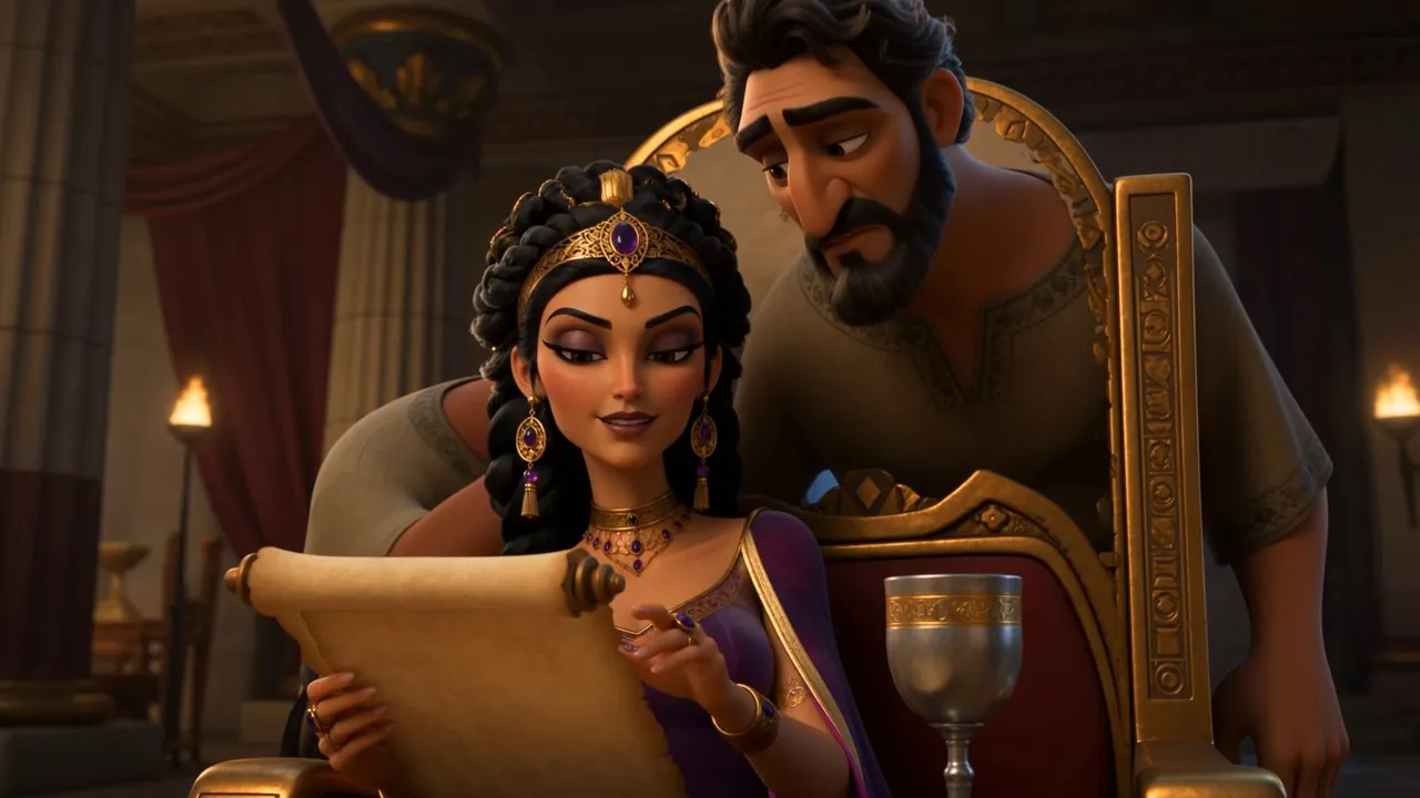 Jezebel leans over Ahab's chair with a scroll while he eats