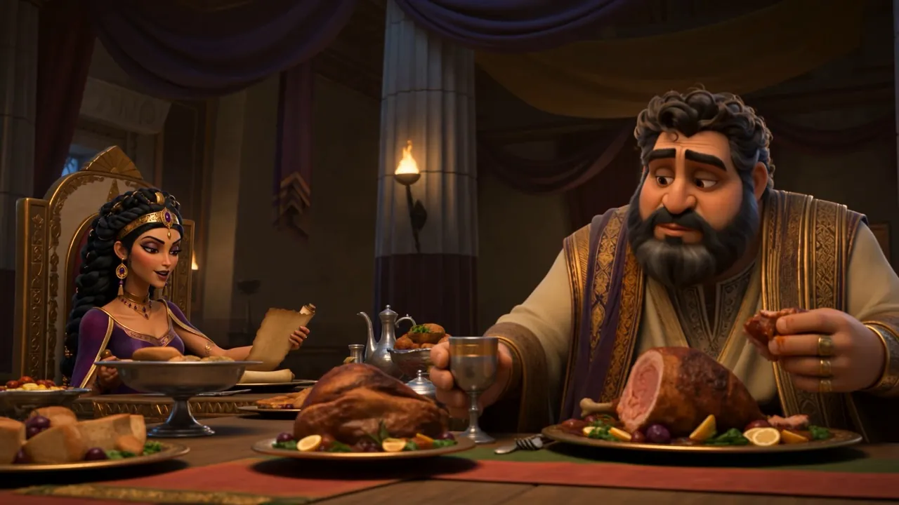 Ahab eats and half-listens at the laden table