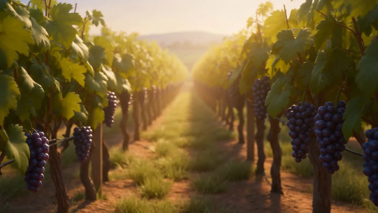 Rows of vines run gold in the morning sun