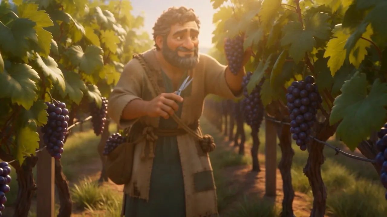 Naboth lifts a bunch of grapes, pruning knife in hand