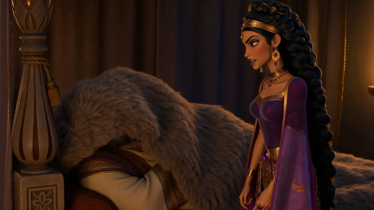She looks down at the sulking king