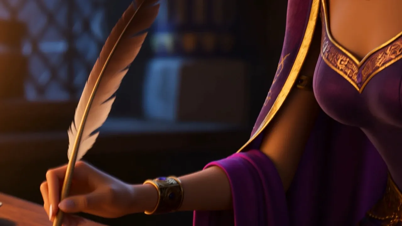 A ringed hand dips a quill and begins to write