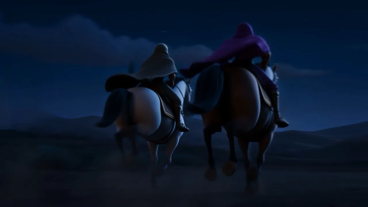 Horsemen cross the dark plain toward Jezreel