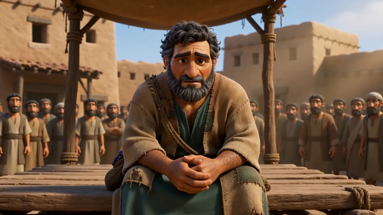 Naboth sits on a bench in the town square, hands folded