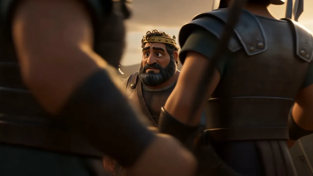Ahab is buckled into plain armour, crown coming off