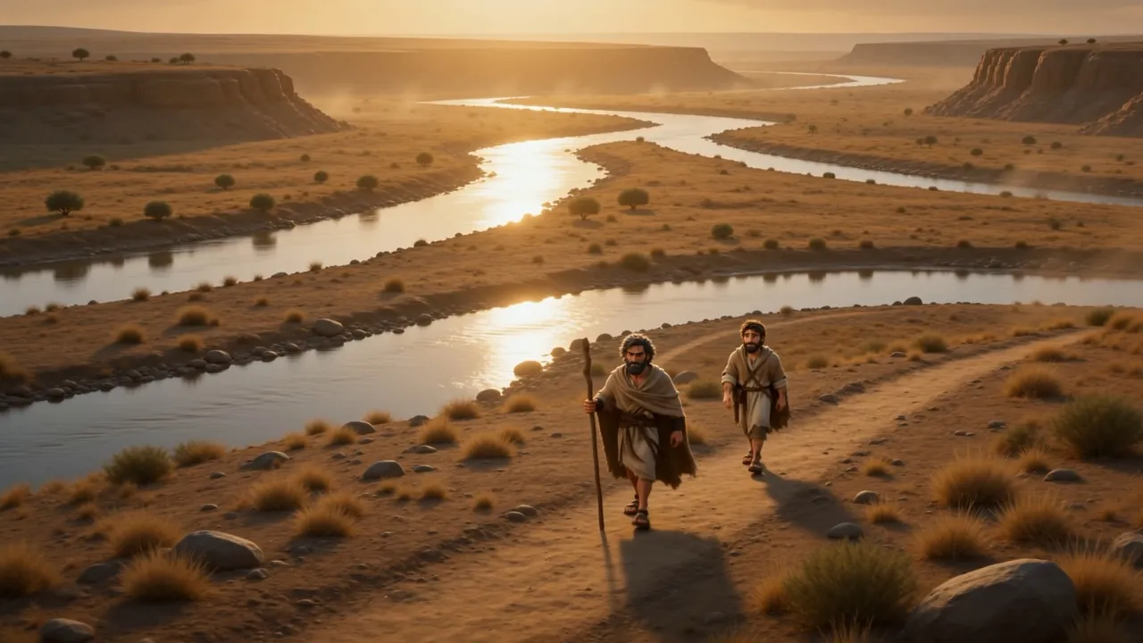 Two figures walk a river valley in the morning light
