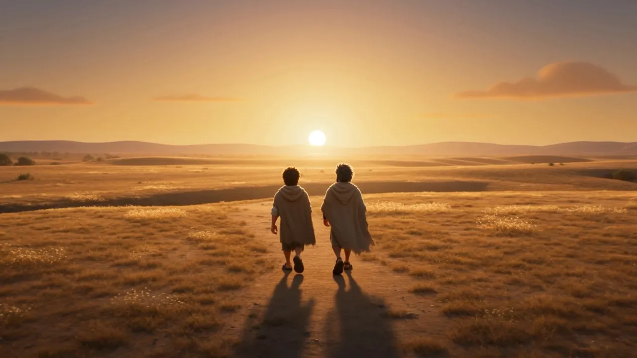 They walk into the low sun, small against the plain