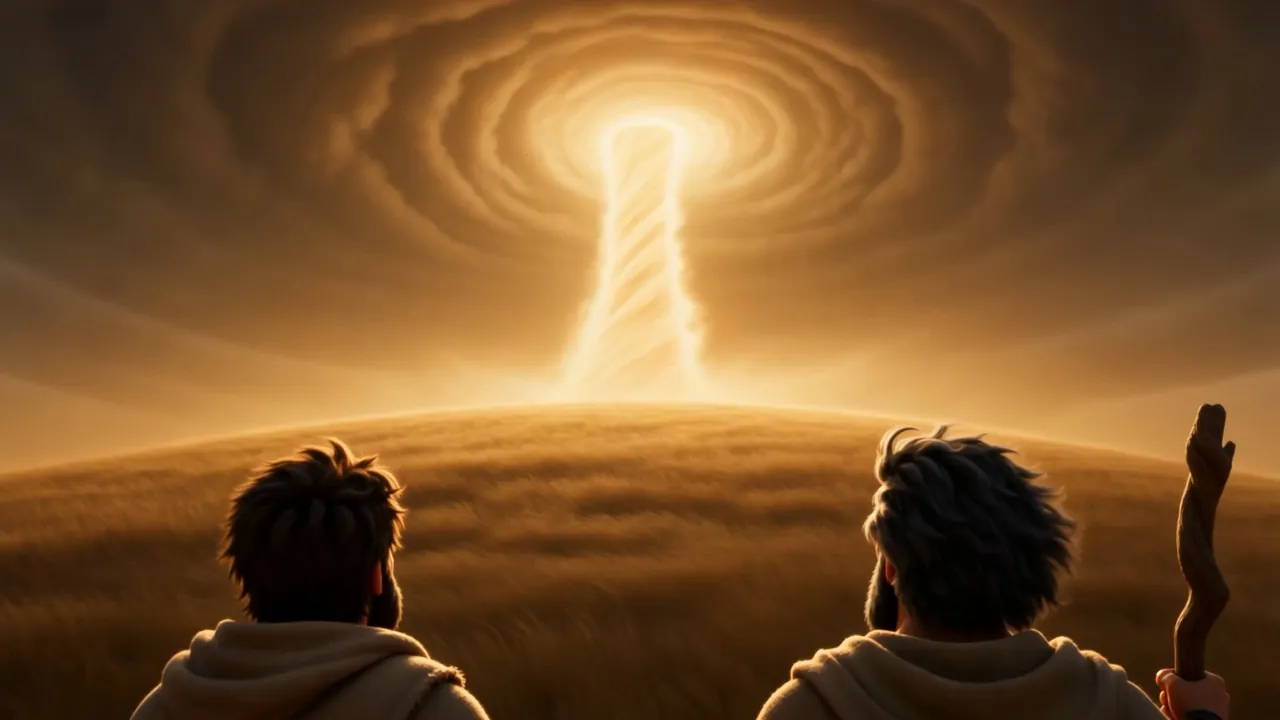 A pillar of light opens on the horizon ahead of them
