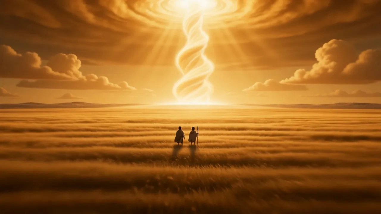 Two small figures before an enormous column of fire